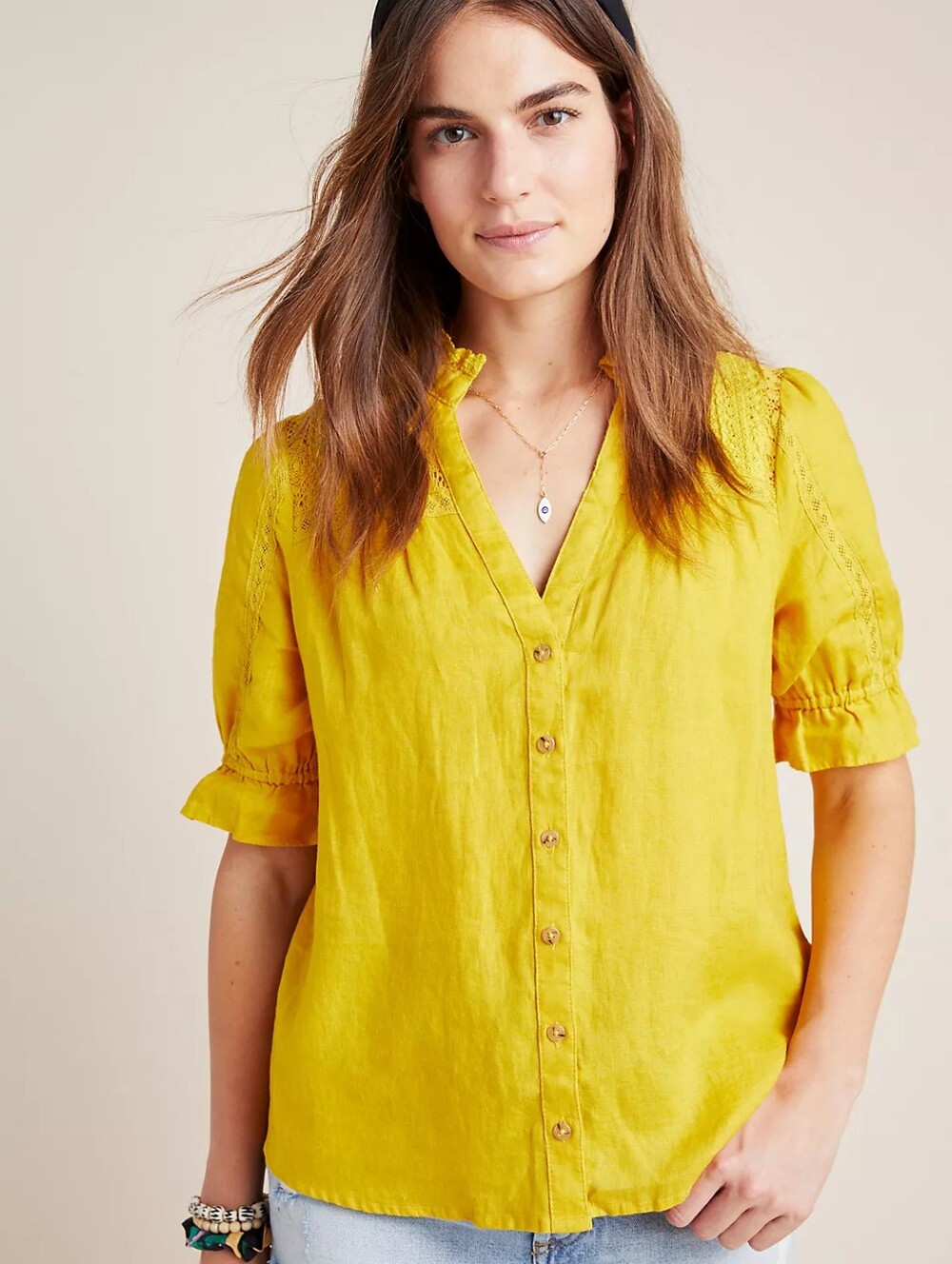 EUC Anthropologie Maeve Magritte Linen Shirt in Yellow
